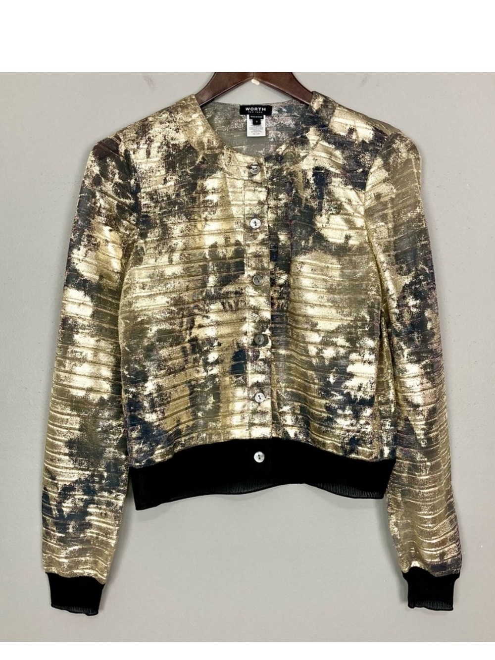 Worth Metallic Burnout Cardigan Sweater Women’s Size S Gold Elegant Holiday Glam